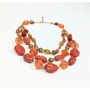 Robert Rose Gold Tone Orange Red Colorful Beaded Necklace Plastic 17 Inch Signed